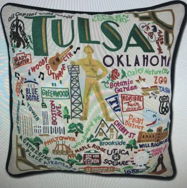 Cat Studio Pillow Tulsa Oklahoma Embroidered Rte. 66 Utica Square Blue Dome