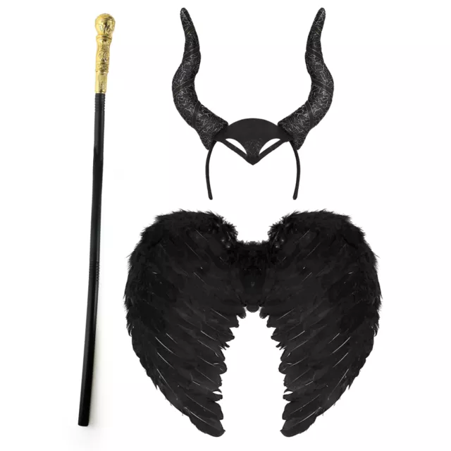 Maleficent Fancy Dress Costume Evil Fairy Queen Halloween Horn Headband Wings
