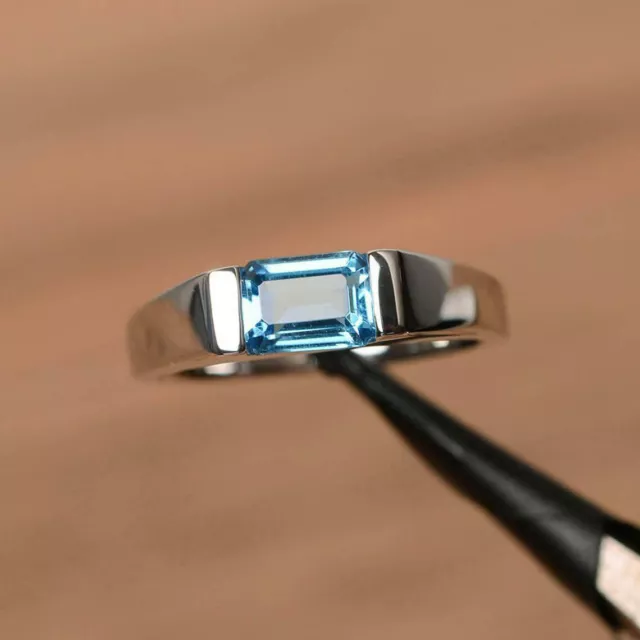 Smaragd Blau Aquamarine Diamant Solitär Unisex Verlobungsring Weißgold-Finish