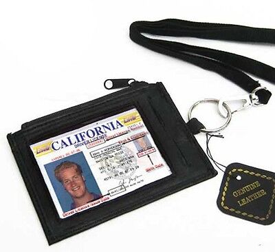 Black Leather ID Badge Holder Neck Strap Card Money Key Lanyard Name Tag Wallet 3