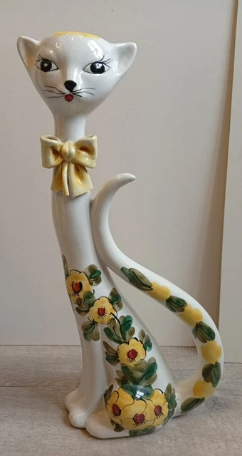 Figurine Chat Assis Céramique Orange Aux Yeux Verts - Vintage Fait Main