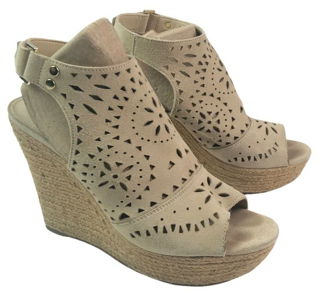 Marc Fisher Harlea Wedge Sandal Espadrille Leather Beige Shoes High Heel 7.5