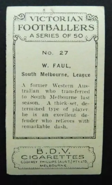 1930 Godfrey Phill. BDV Cigarette Card Victorian Footballers Faul South Melboune 2