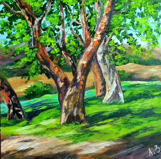 Original Oil Summer Landscape Painting Green Oak Trees Artwork Square Art 8x8 in