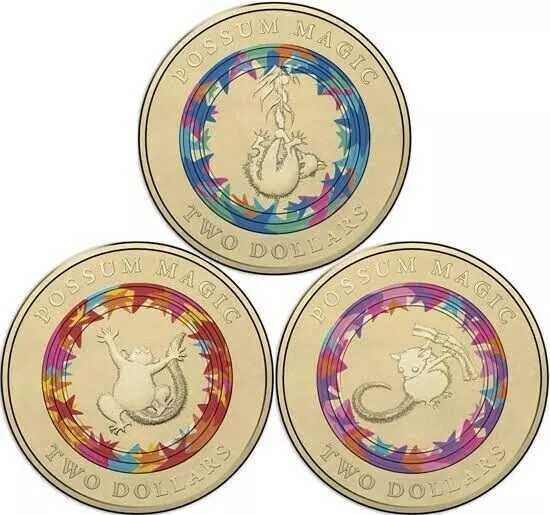 2017 Possum Magic Set of 3 Coins $2 Two Dollar Coloured Queen Australian - CIRC