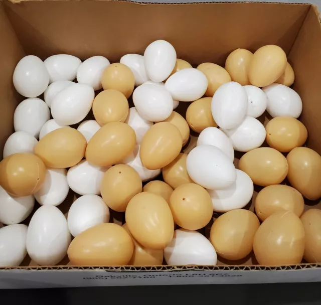 Lot of 57 Fake Prop Store Display Large Plastic Chicken Eggs - White / Brown