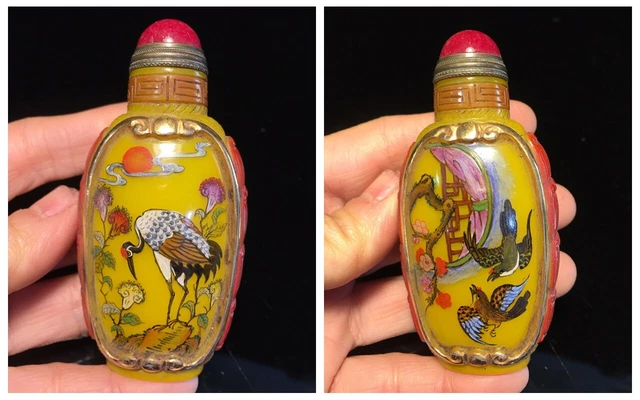 Old Chinese Colored Glaze Carved Painted Flower Bird Snuff Bottle Asian Antique