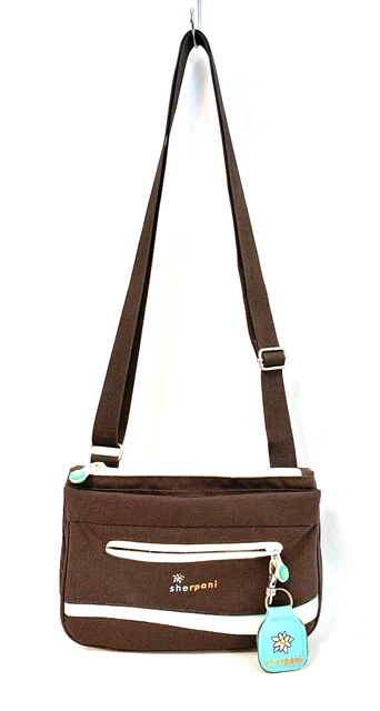 Sherpani ZOOM Crossbody Purse Brown w/ Aquamarine Accents Pockets Travel EUC