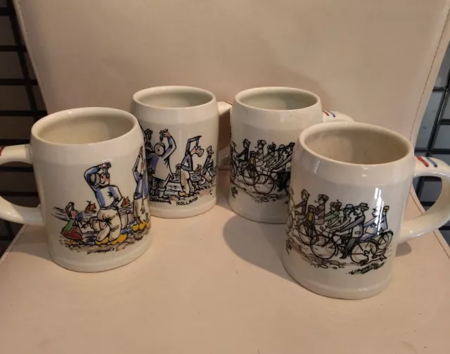 4 Vintage GOUDA HOLLAND Koninklijk Mugs Stein Bicycles & Herring Fishermen 1960s