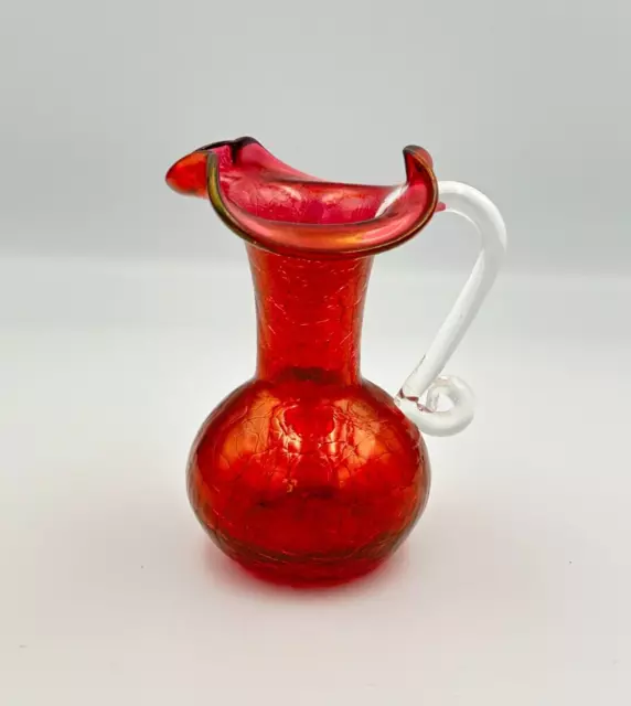 Cranberry Crackle Glass 4.5" Pitcher w/Applied Clear Glass Handle