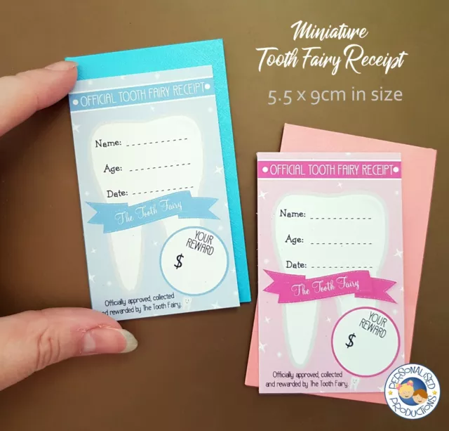 miniature TOOTH FAIRY RECEIPT letter note choose from pink or blue 5.5cm x 9cm