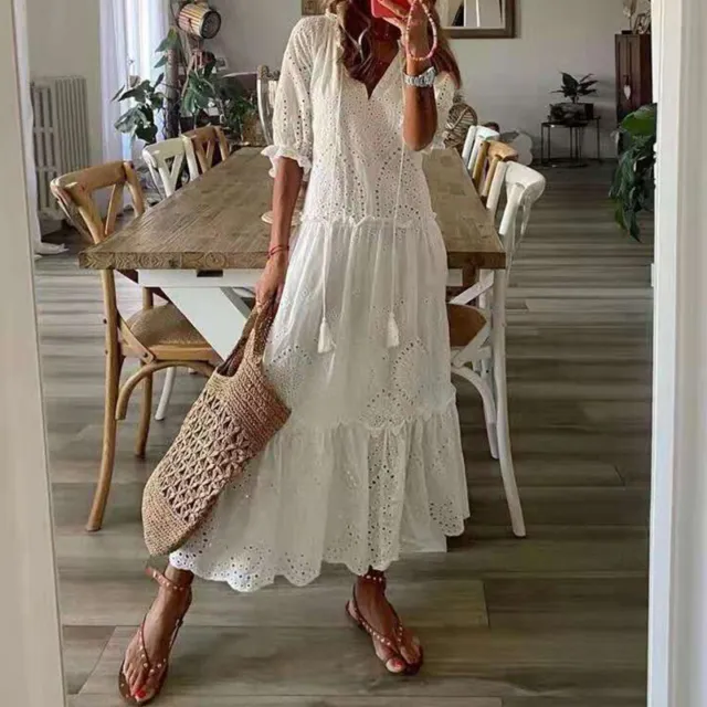 Womens Summer Boho Lace V Neck Long Maxi Dress Ladies Casual Holiday Sundress〕