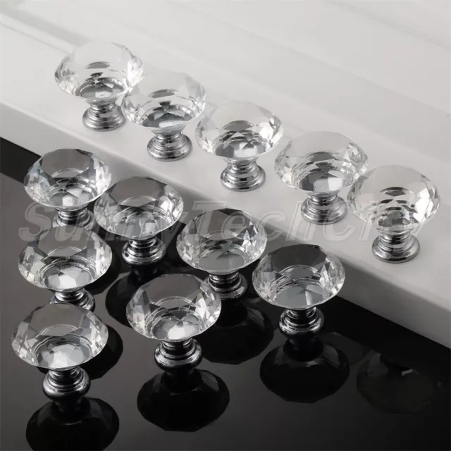 2-12x 30mm Cabinet Clear Diamond Crystal Knobs Handles Closet Drawer Door Pulls