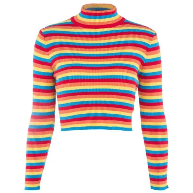 Womens Autumn Long Sleeve Turtleneck Sweater Colorful Rainbow Stripes Short Crop