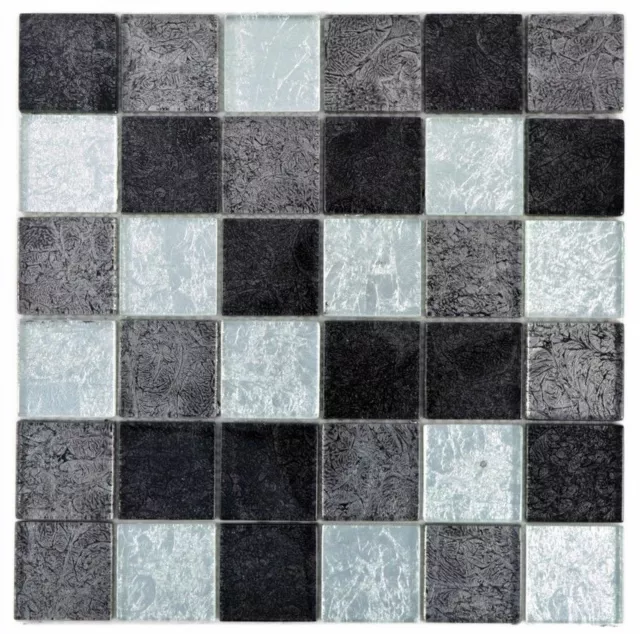 Azulejos de Mosaico Vidrio Gris Plata Negro Estructura Óptica Metal MOS126-1704