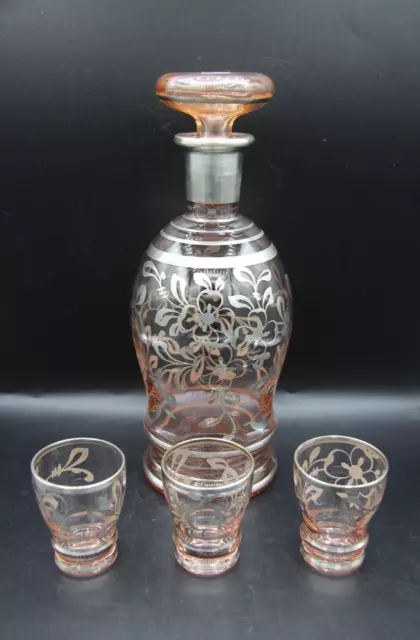 Vintage Silver Overlay Pink Glass Decanter and 3 Glasses Made in Italy