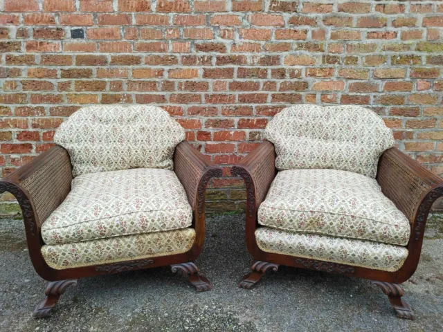 Rare Beautiful Pair of Antique Victorian Carved Bergere Lounge/Chairs Armchairs
