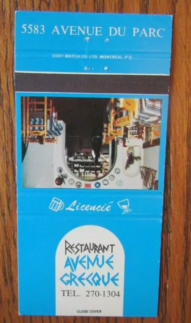 Greek Restaurant Matchbook Matchcover: Avenue Grecque (Montreal, Quebec) -E8