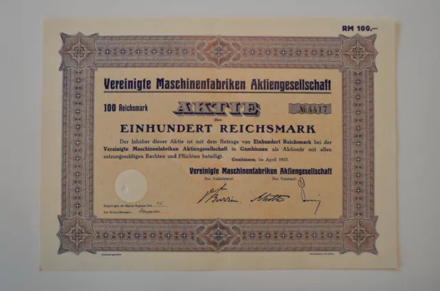 Vereinigte Maschinenfabriken AG  RM 100, Gumbinnen April 1937