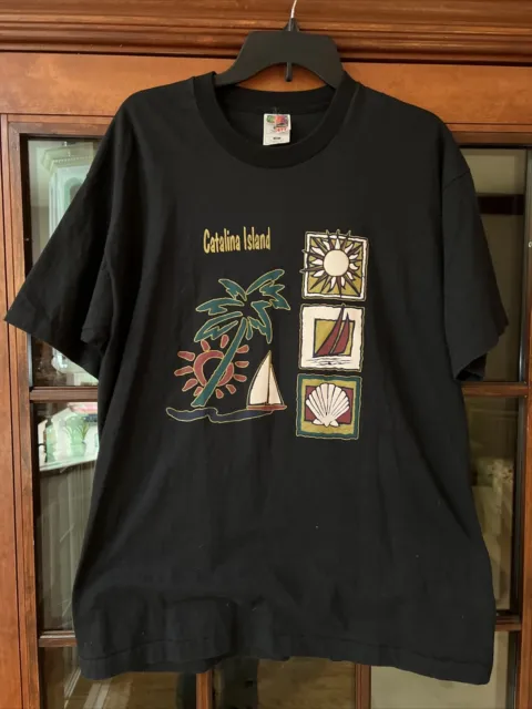 Vintage Hanes Beefy T-Shirt Adult Large Catalina Island Black Palm Tree USA 90s