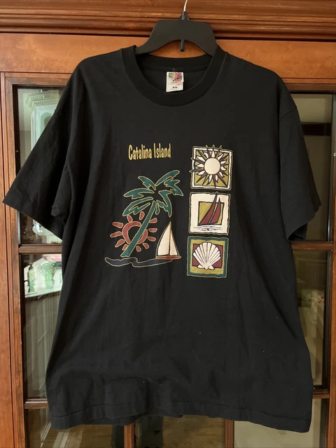 Vintage Hanes Beefy T-Shirt Adult Large Catalina Island Black Palm Tree USA 90s
