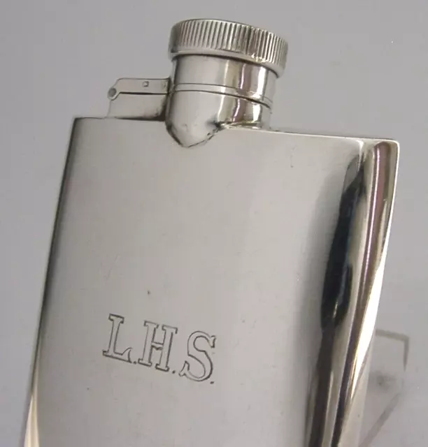 STYLISH ENGLISH SOLID STERLING SILVER SPIRIT HIP FLASK 1913 ANTIQUE 98g