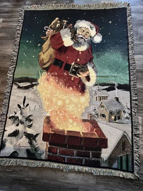 Santa Claus Throw Blanket Christmas Holiday Season Tapestry Wall Hang Vintage