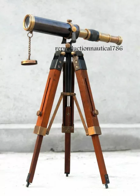 Antique Brass Spyglass Telescope With Wooden Tripod Marine Scope Nautical Design