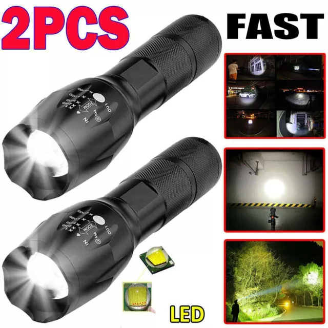 2x Brightest 2500000LM LED Powerful Military Flashlight 5-Modes Zoom Torch Light