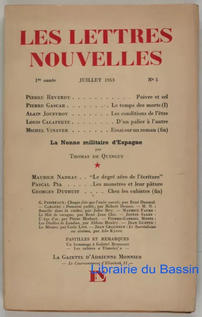 Les Lettres Nouvelles n°5 Reverdy Gascar Pia Thomas de Quincey Cubistes 1953
