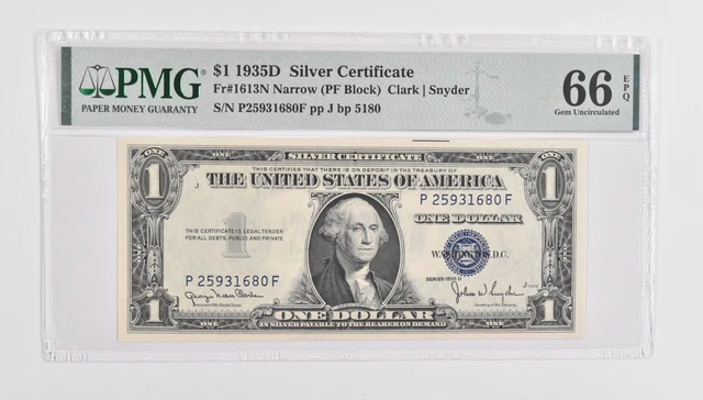 $1 1935-D Silver Certificate 66 EPQ Fr# 1613N Narrow (PF Block) PMG Graded *466