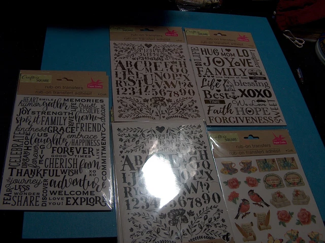 9 Paquetes Cuadrados Artesano Frotar Transferencias Letras Palabras Flores pájaros