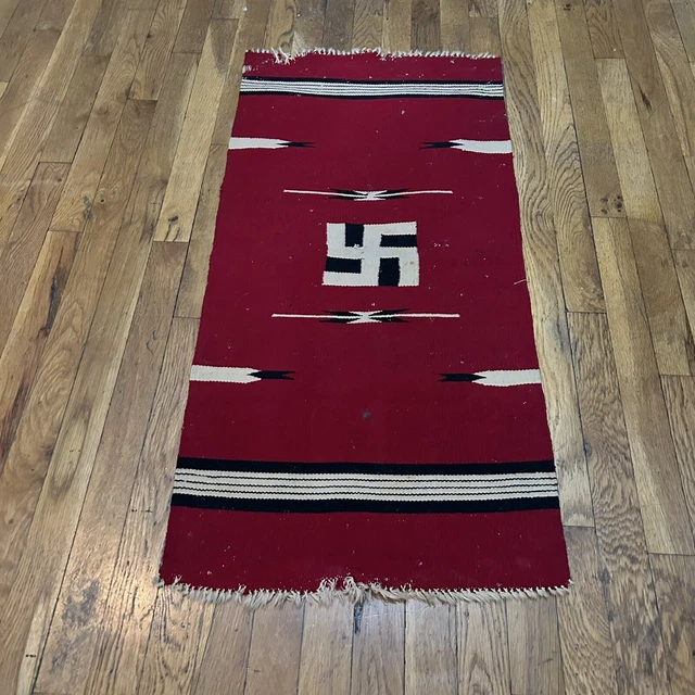 Antique Navajo Indian Rug Double Saddle Blanket Red Whirling Log symbol  40 x 19