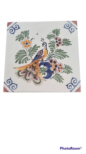 Handpainted Dutch Delft Ceramic Tile Peacock