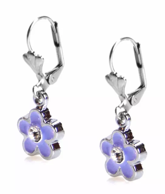 Purple Flower Dangle Enamel Crystal Fashion Silver Earrings By Grace Of New York