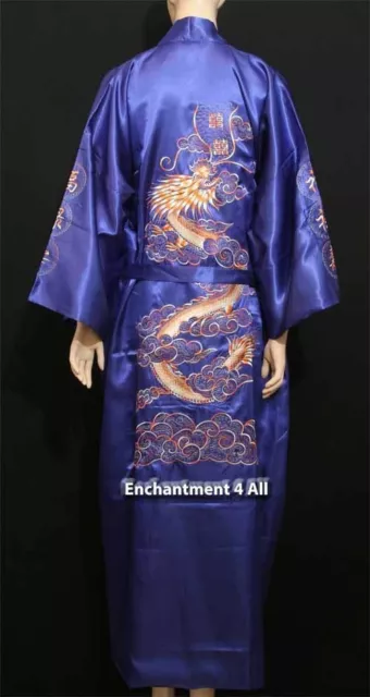 Handmade Embroidered DRAGON Design DOUBLE HAPPINESS Silk Satin Kimono Robe, Navy