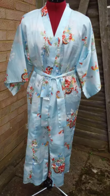 ICIBAN Japanese Satin Blue Red Mix Floral Kimono Dressing Gown Robe - Size S/M