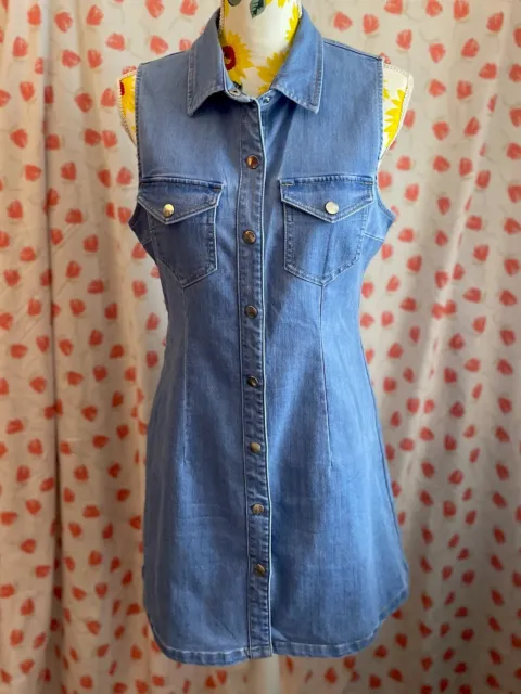 Bardot Bloomingdale's Denim Shirt Dress Sleeveless Collared Snap Button Size 8