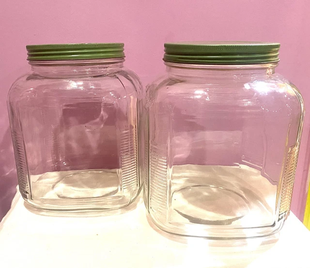 PAIR (2) VTG Gallon Hoosier Cabinet Glass Ribbed Jars Original Green Lids