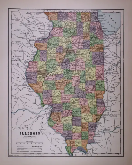 Old 1892 Authentic Atlas Map ~ ILLINOIS ~ (11x14) Free S&H -#017