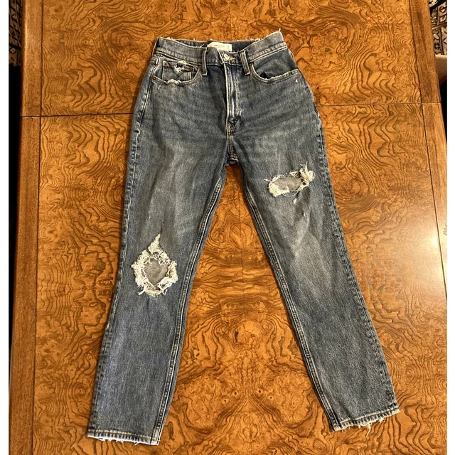 abercrombie high rise distressed straight leg raw hem mom jeans