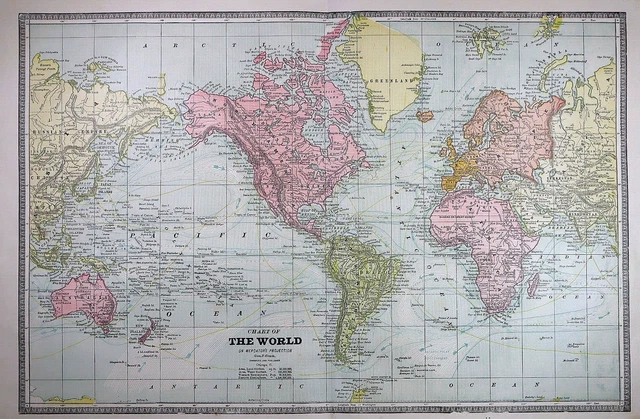 Old 1886 Cram's Atlas Map of the WORLD w/ OCEAN CURRENTS ~ (LG13x21) -#493