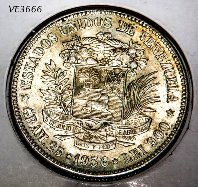 Venezuela 1936 5 Bolivares Silver Coin UnCirculated Plata Libertad 90% Crown
