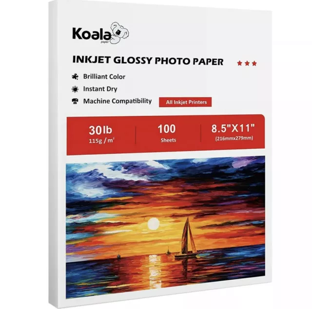 Koala 100 Sheet Premium Glossy Inkjet Printer Photo Paper 8.5x11  Photograph