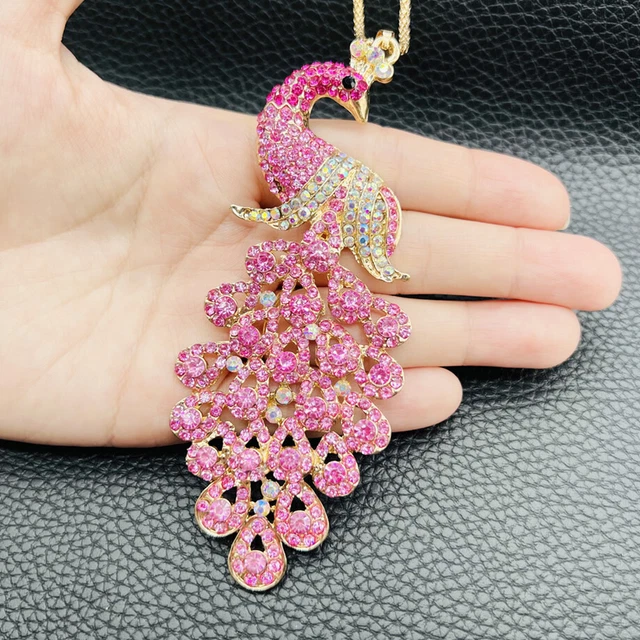 Betsey Johnson Crystal Rhinestone Big Peacock Pendant Chain Sweater Necklace