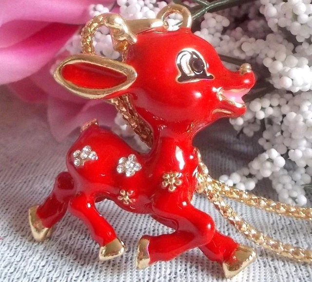 Betsey Johnson Beautiful Red Christmas Deer Crystals & Enamel Pendant Necklace
