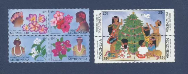 MICRONESIA - Scott 70a & 75a Blocks - FVF MNH - Christmas, flowers - 1988-1989