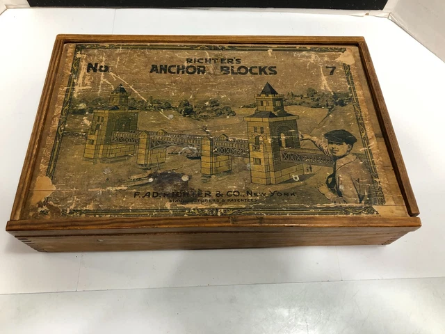 Antique Richter's No.7 Anchor Blocks Bridge With Wood Box