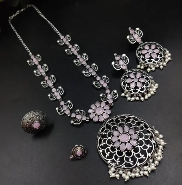 Indian Bollywood Silver oxidized Silver plated Necklace Earrings Jewelry Set