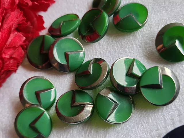 Lot 6 boutons anciens en verre argenté vert vintage  1,3 cm ref 5870